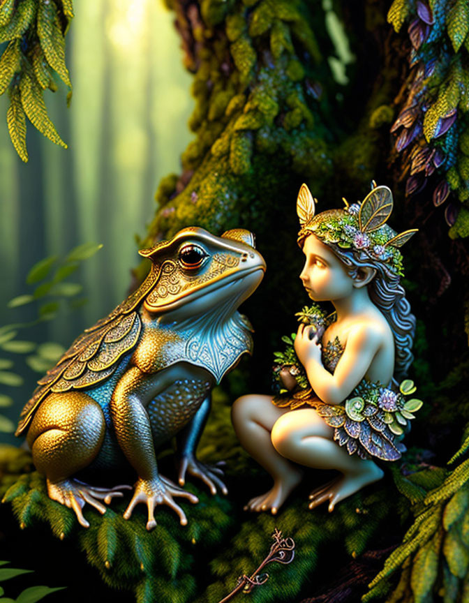 Detailed fairy and golden frog illustration in enchanted forest