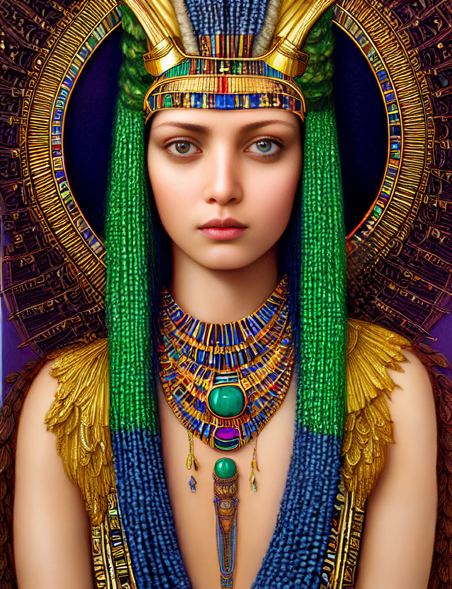 Digital Artwork: Woman as Egyptian Goddess with Golden Wings & Intricate Headpiece