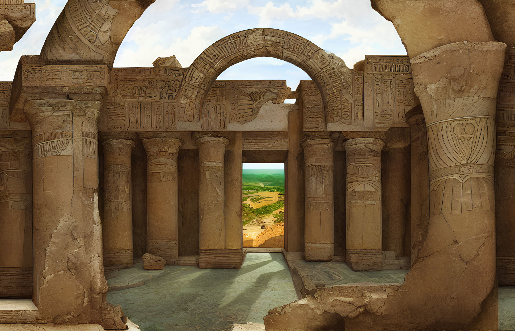 Ancient Stone Temple with Hieroglyphs and Arches in Desert Landscape