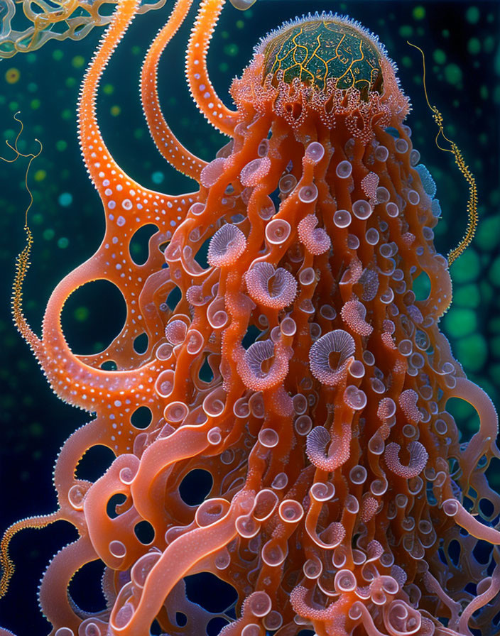 Detailed Orange Tentacled Marine Organism on Dark Blue Background