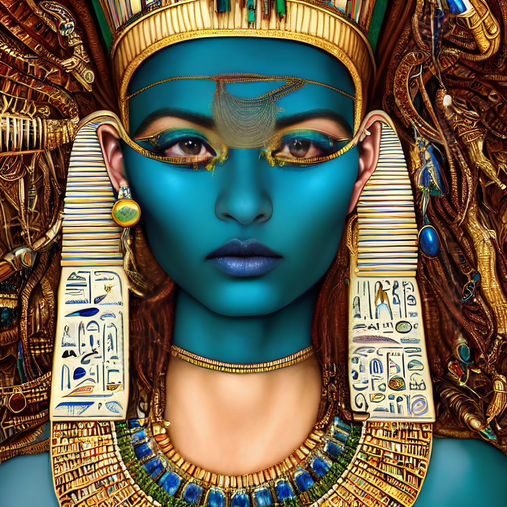 Digital art: Egyptian-themed figure with blue skin, golden headdress, hieroglyphs