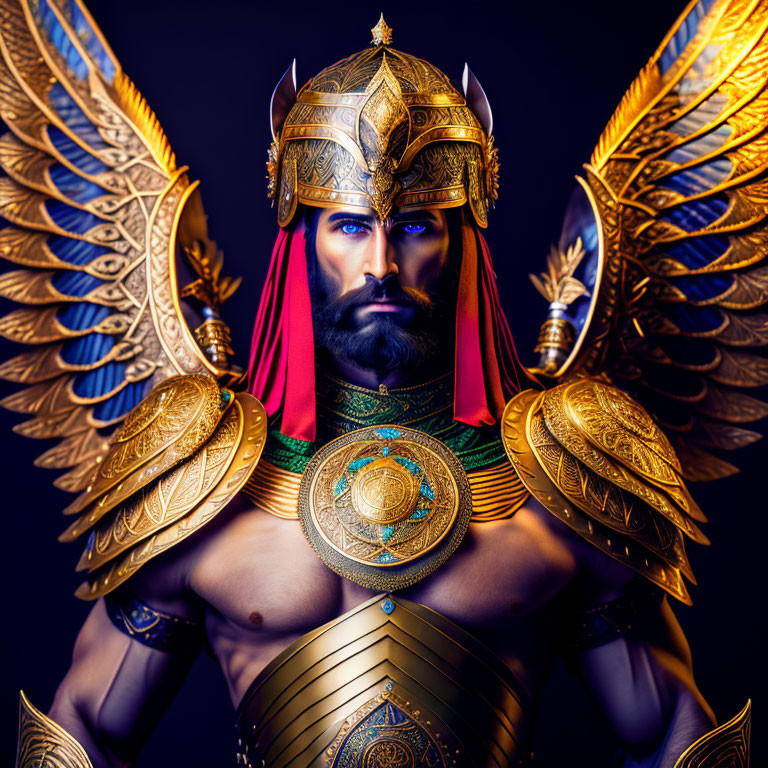 Golden armored warrior with winged shoulders and detailed helmet in stern expression against dark backdrop