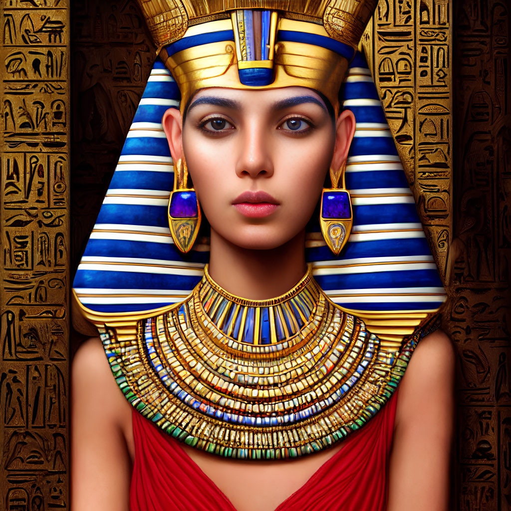 Illustration of Egyptian queen with golden headdress and hieroglyphs