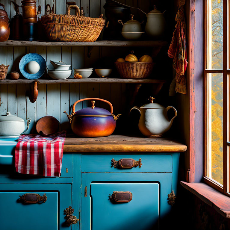 Vintage Kitchen Corner with Teal Cabinet and Ceramic-filled Open Shelving