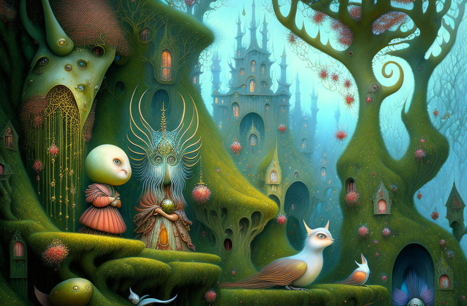 Whimsical enchanted forest with magical creatures, castle, and vibrant colors.