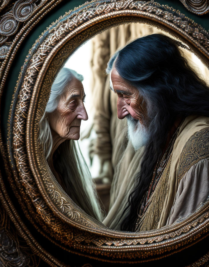 Elderly couple with gray hair gaze lovingly through ornate mirror frame