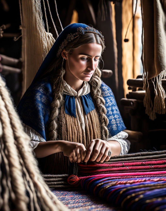 Woman in traditional attire weaving colorful textile in rustic setting