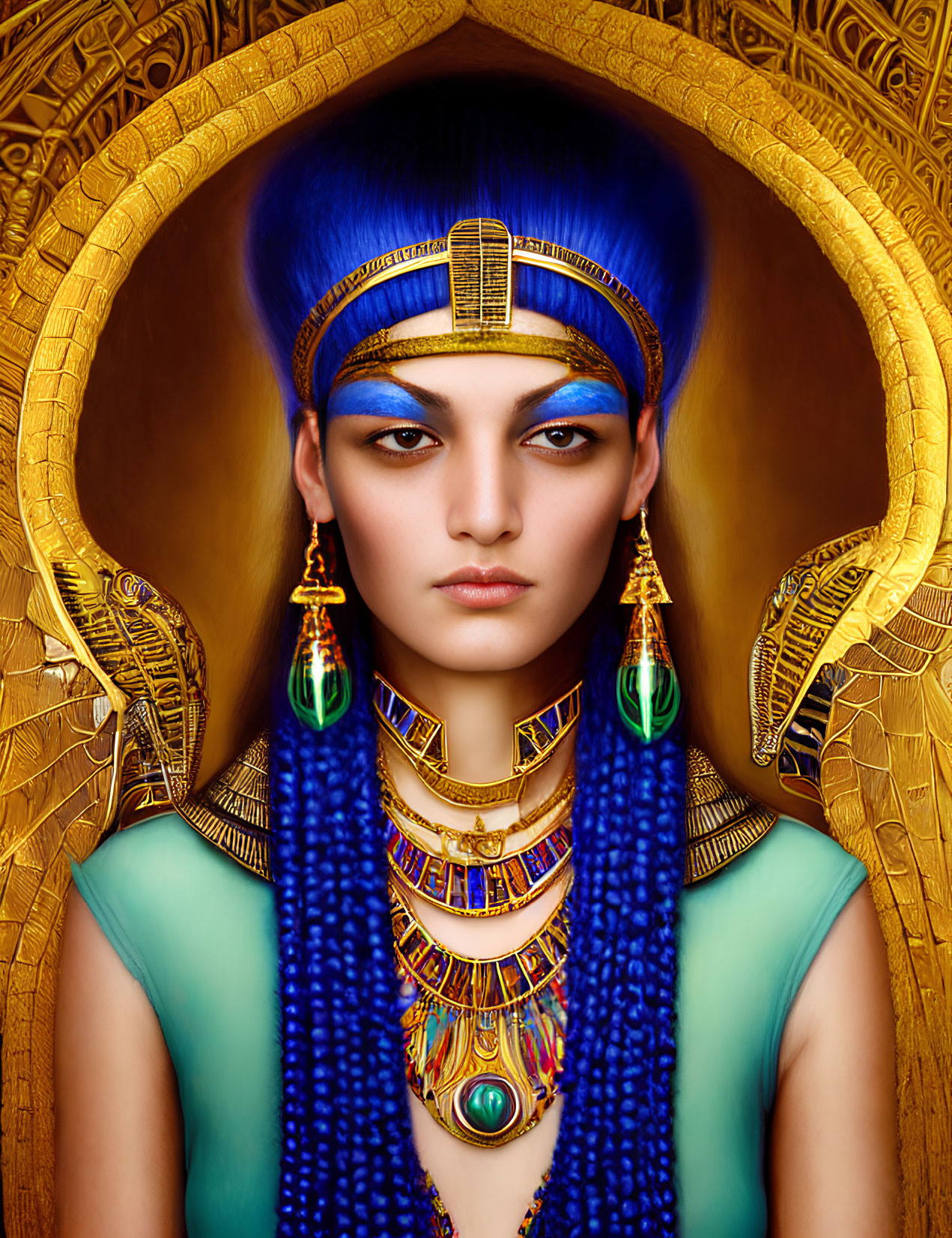 Person with Striking Blue Hair in Ancient Egyptian Style, Adorned with Gold Jewelry and Hierog