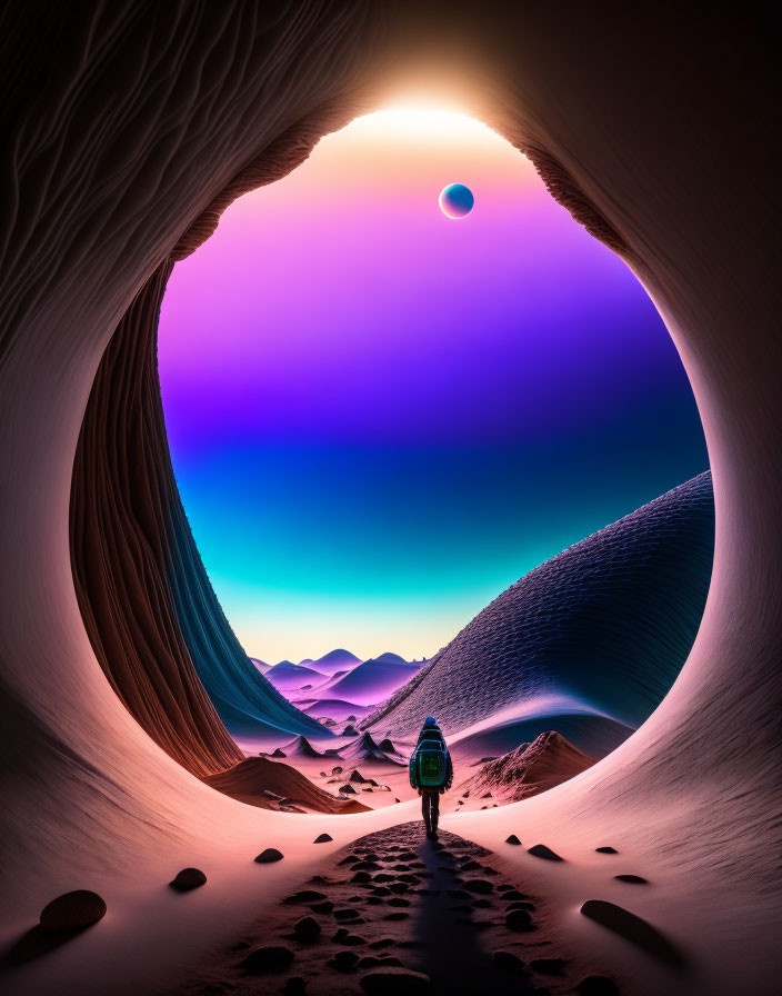 Person standing in desert cave entrance under twilight sky with distant planet and sand dunes.