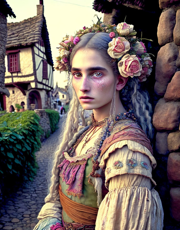 Person in floral headpiece and vintage dress on cobblestone street