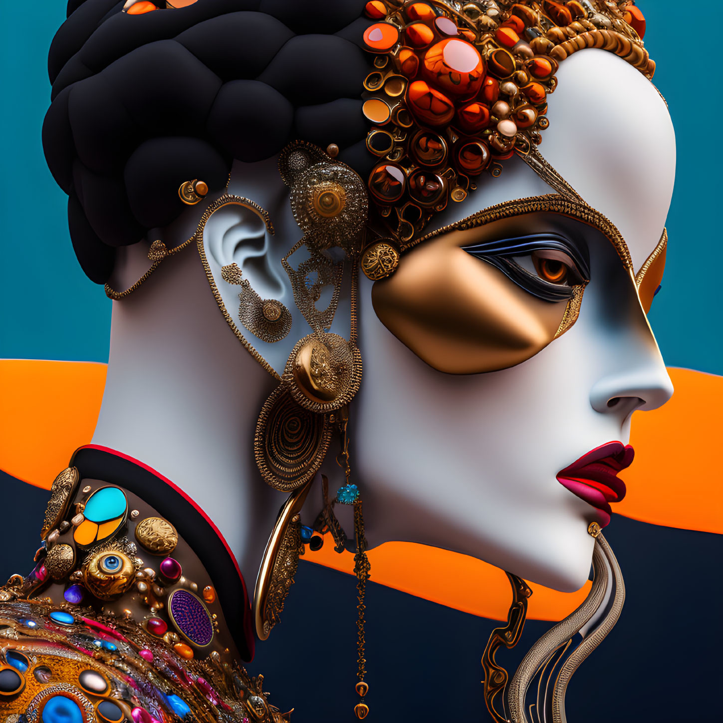 Steampunk-inspired woman with ornate jewelry and mechanical eye-patch on dual-tone background