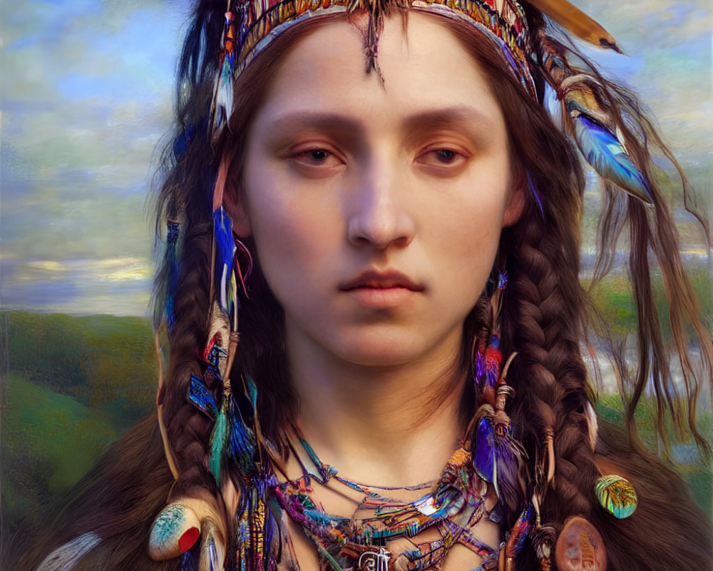 Portrait of a person with braided hair in Native American headdress and jewelry.