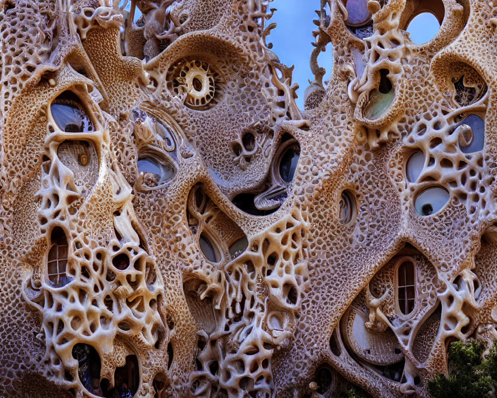 Unique Building with Organic Bone-like Structures and Irregular Windows Under Blue Sky