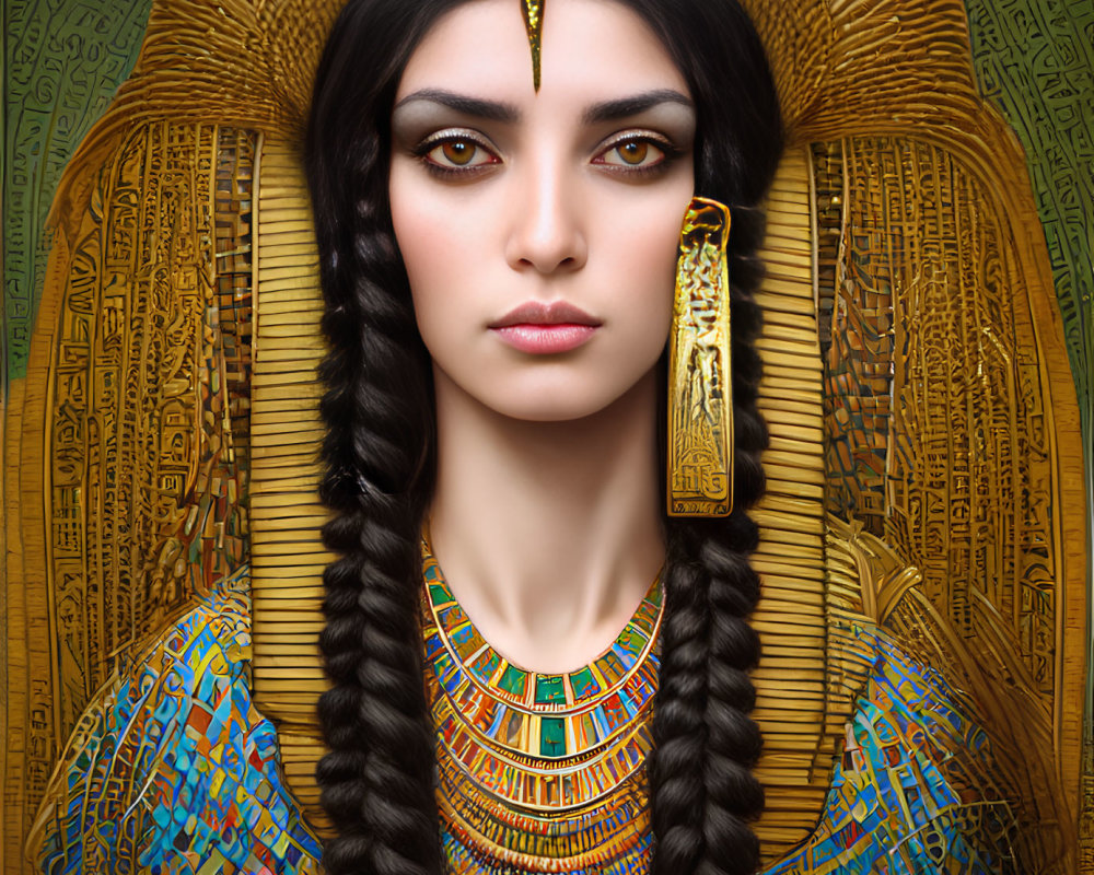 Portrait of a woman with dark hair in braids and Egyptian-style makeup