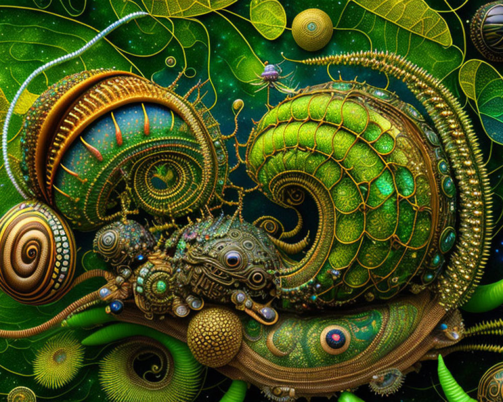 Vibrant digital artwork of mechanical snail in fantastical environment