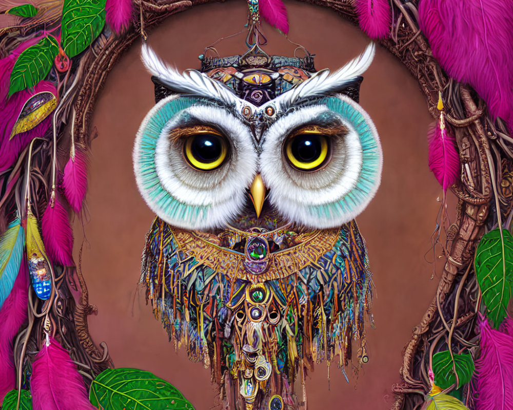 Colorful Owl Illustration with Yellow Eyes and Jewelry on Pink and Purple Background