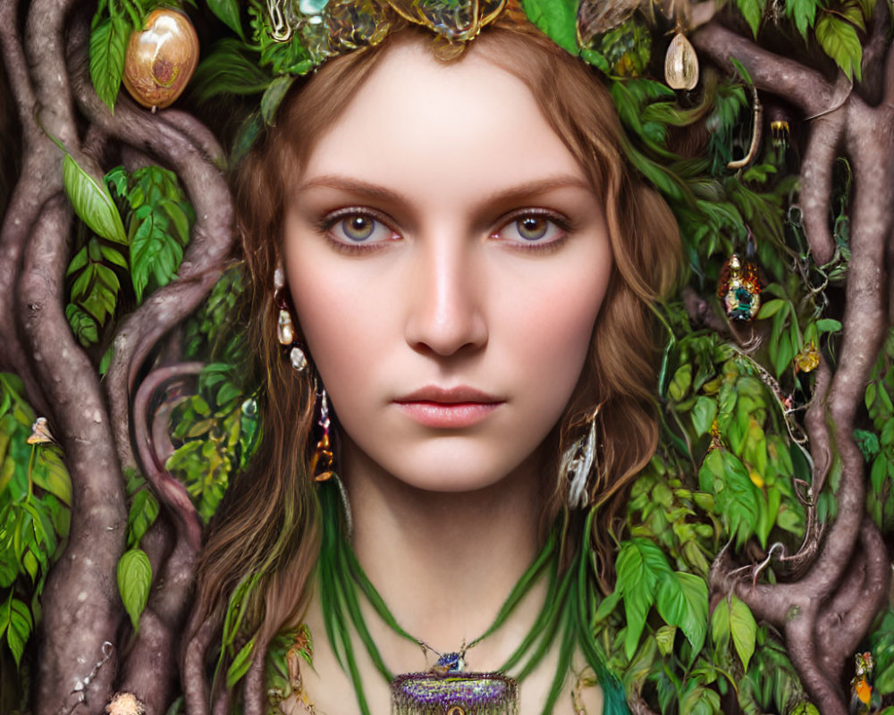 Portrait of a woman with tree branches, leaves, and jewels in her hair