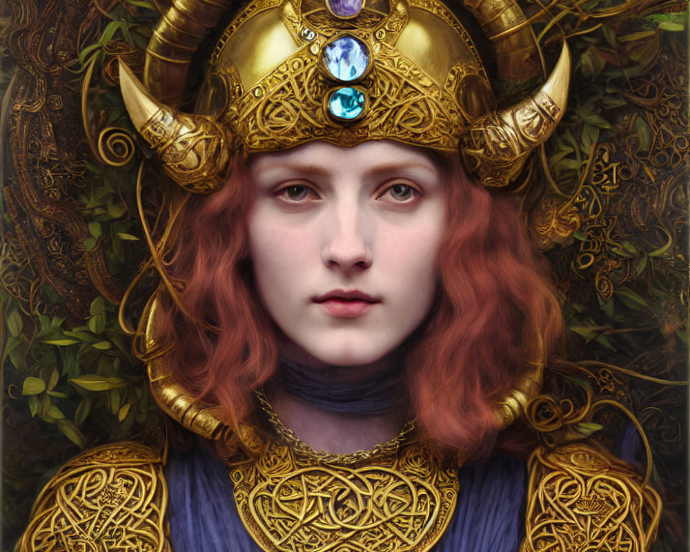 Red-haired woman in golden helmet and Celtic armor.