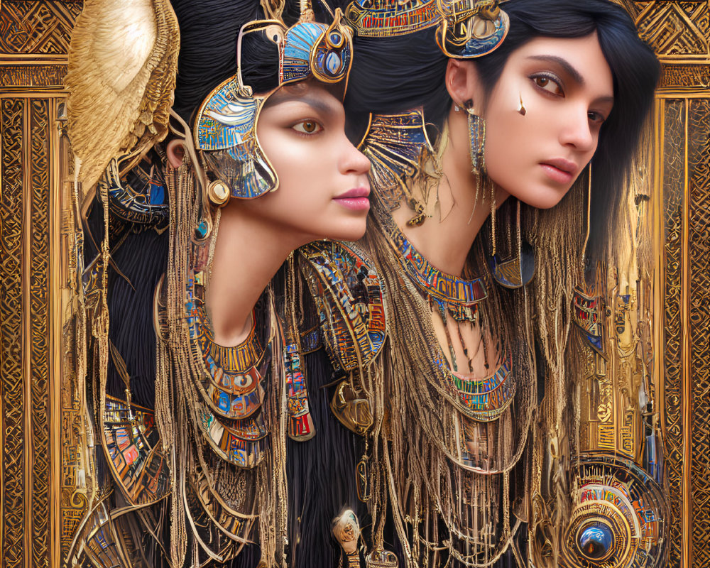 Elaborate Egyptian-inspired headdresses on two individuals