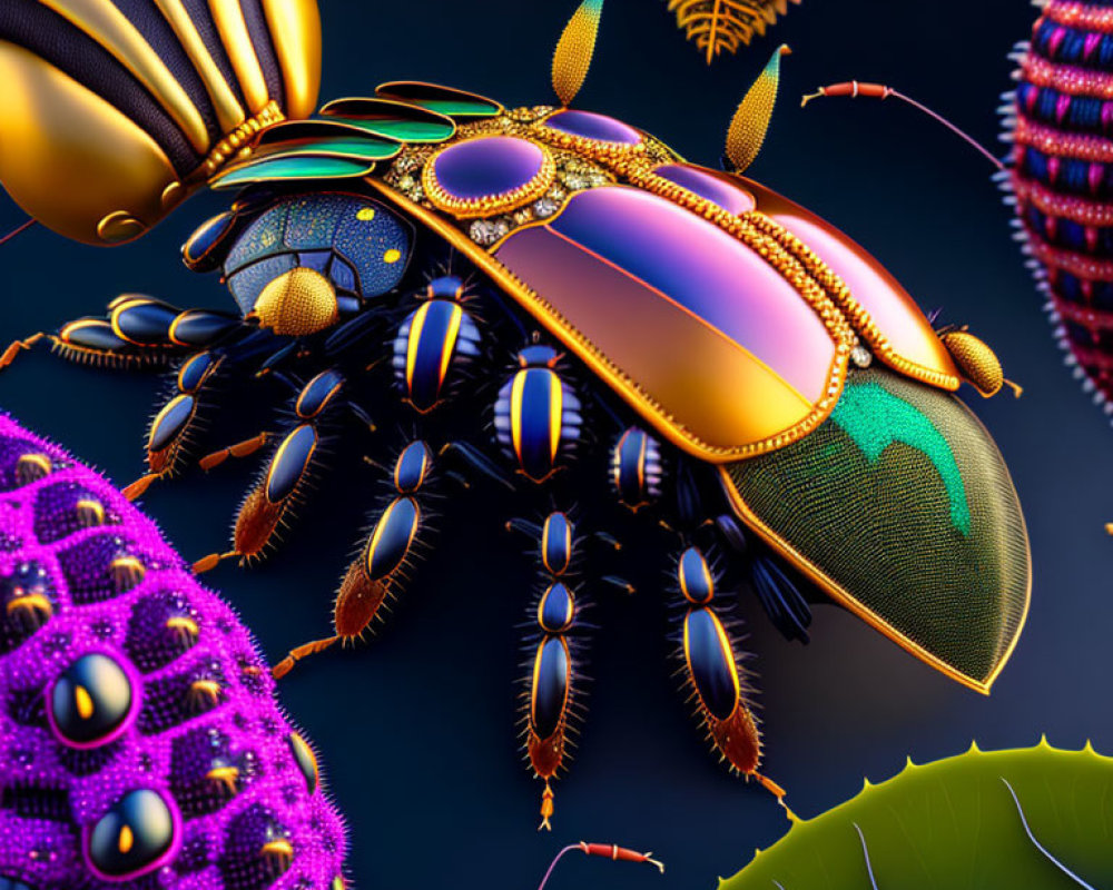 Colorful Beetle Artwork with Intricate Patterns on Dark Background