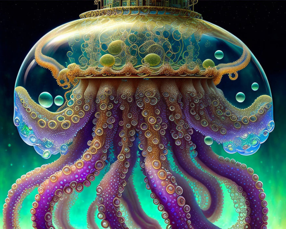 Intricate fantasy jellyfish with golden dome and colorful tentacles