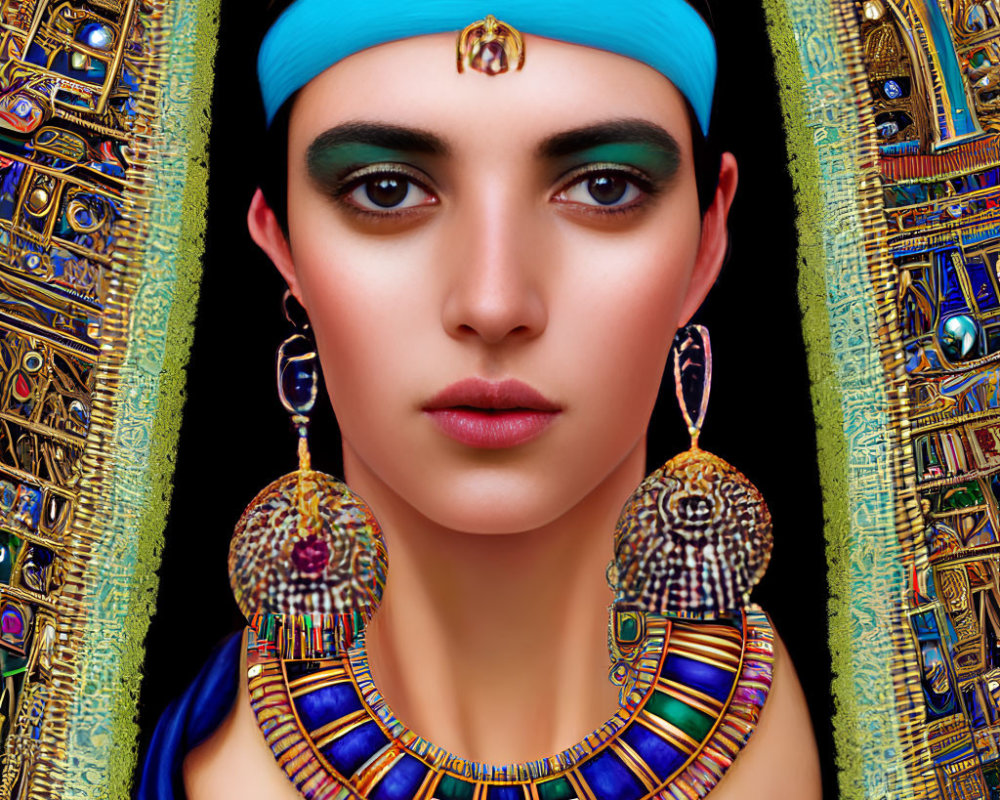 Egyptian-Inspired Digital Portrait of Woman with Blue Headband and Colorful Jewelry