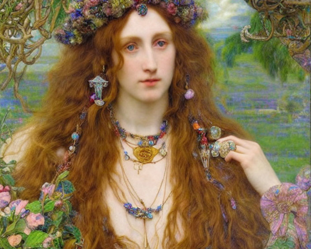 Pre-Raphaelite Style Painting: Woman with Red Hair and Floral Adornments