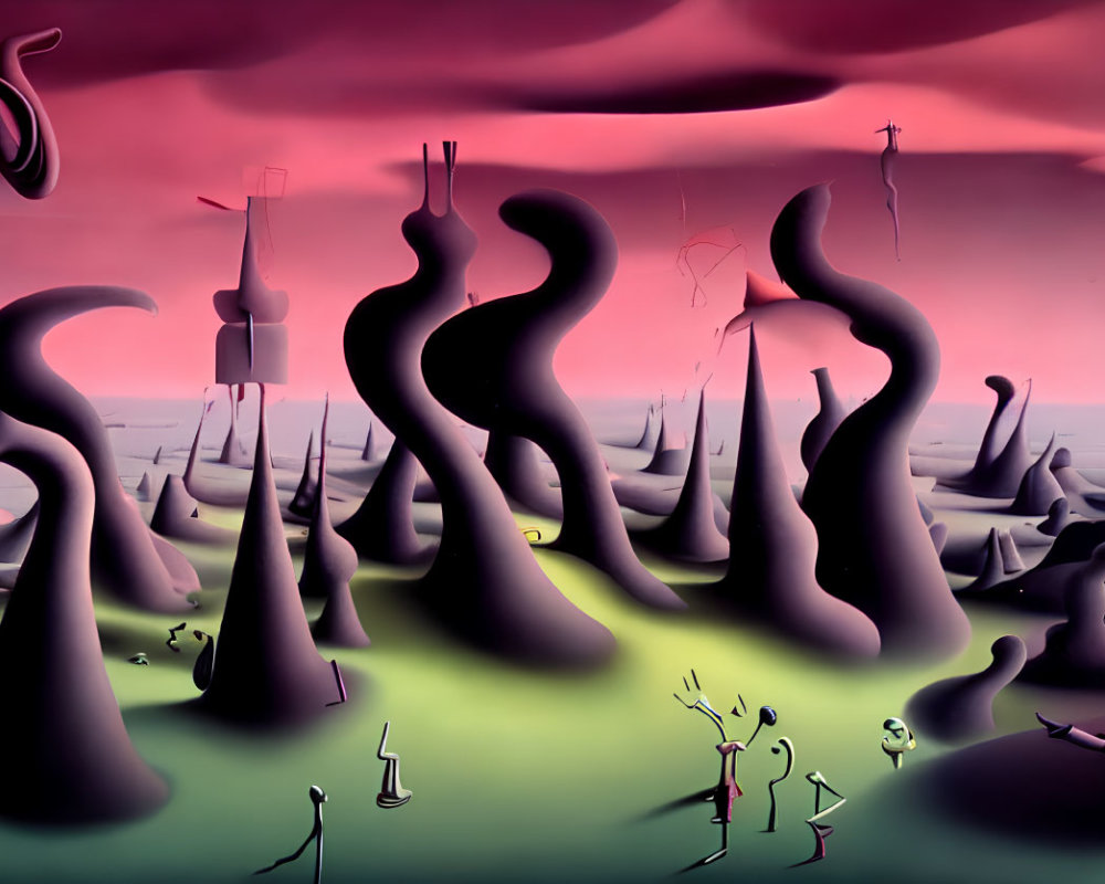 Surreal landscape with twisted shapes and humanoid figures in pinkish sky