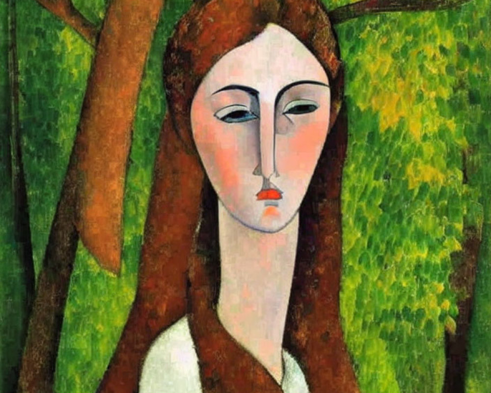 Stylized woman with elongated features and brown hair blending with tree trunks in green background