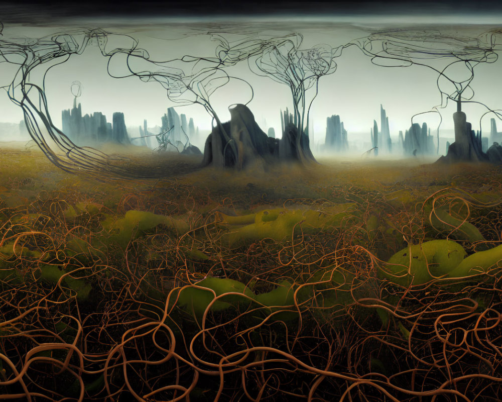 Barren trees and desolate city skyline in eerie dystopian landscape