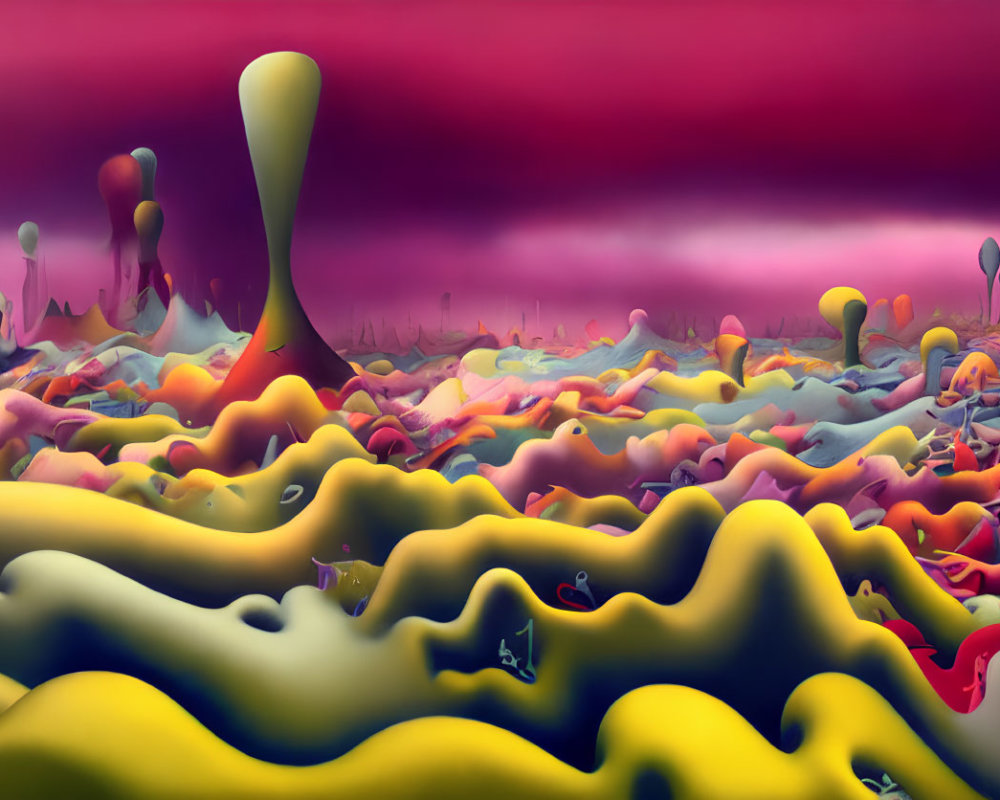 Vibrant surreal landscape with colorful terrain and balloon-like structures