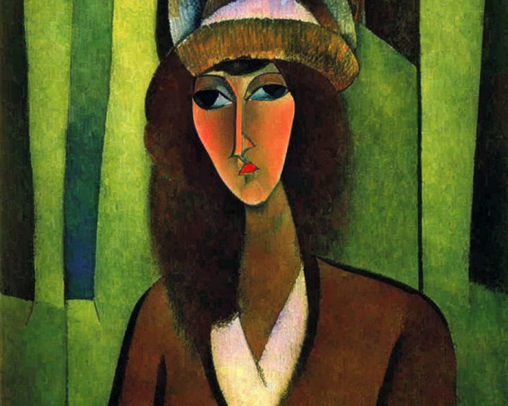 Cubist-style portrait of a woman with abstract features and hat