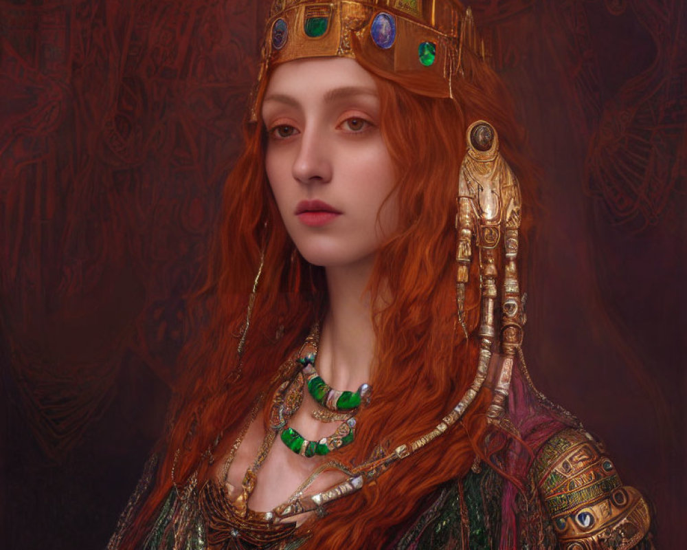 Regal woman with red hair in golden crown and armor against red background