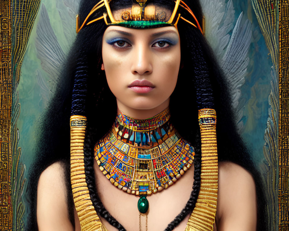 Ancient Egyptian Queen Artwork with Headdress and Jewelry