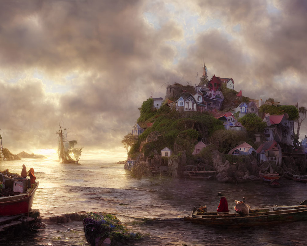 Scenic seaside village with hilltop houses, boats, and dramatic sunset sky