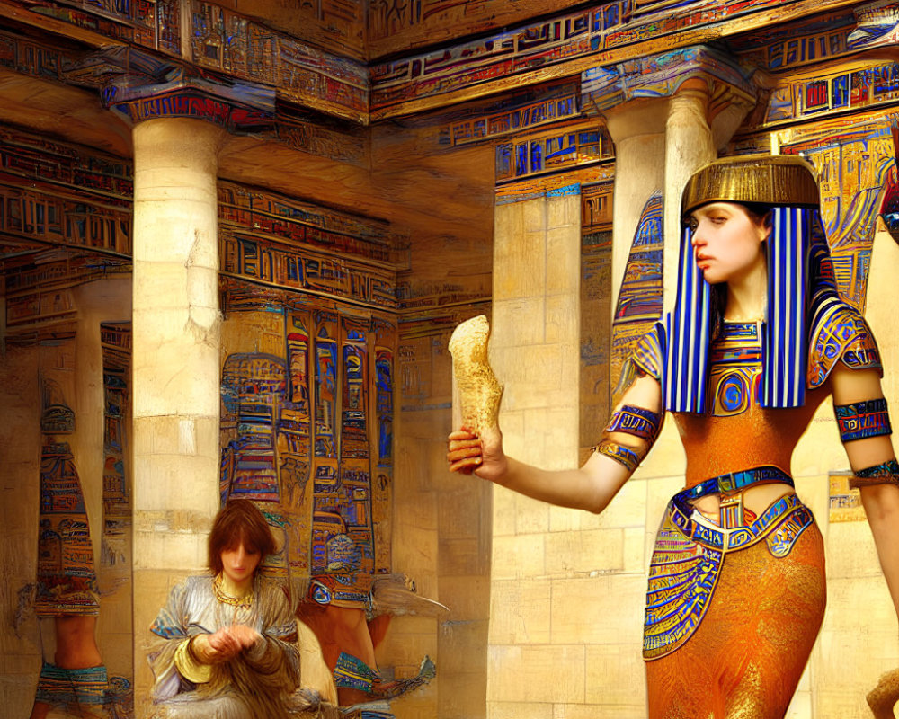 Ancient Egyptian-themed artwork with woman in pharaoh attire, holding an ankh