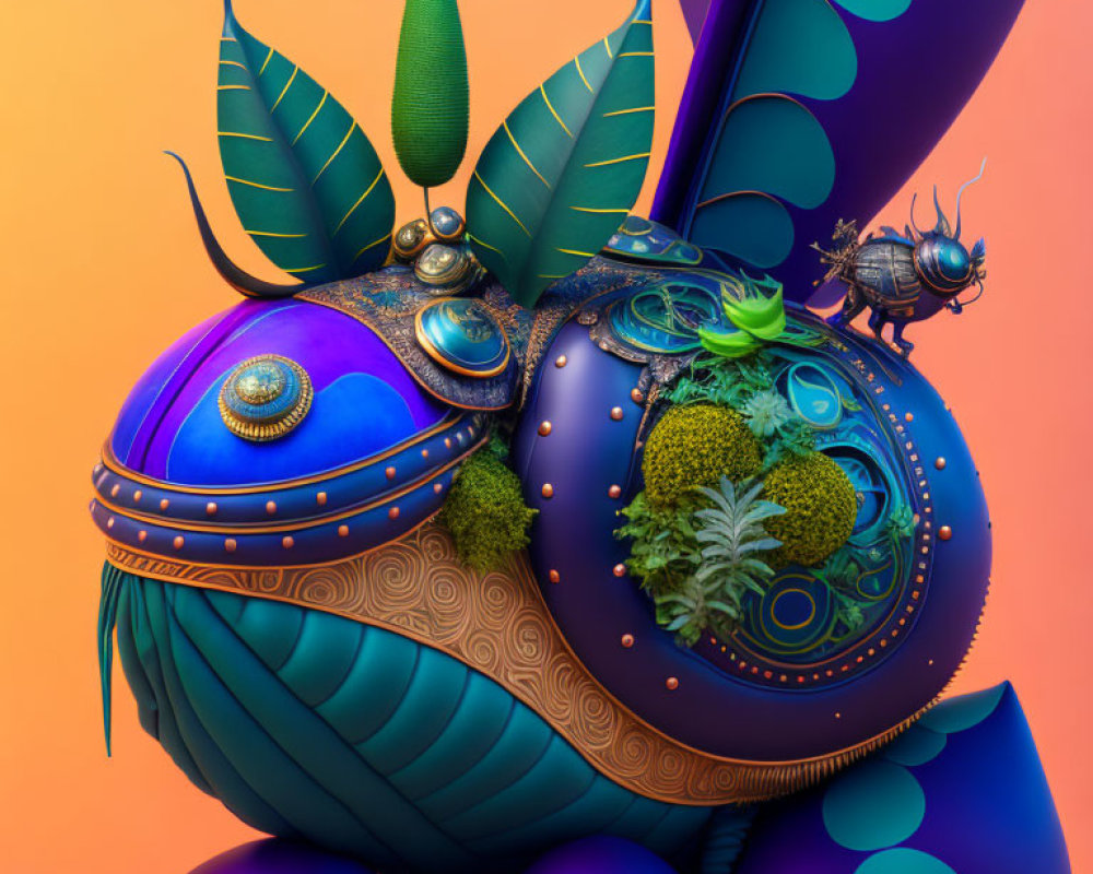 Colorful digital artwork: surreal beetle creature with jewel-toned armor and organic elements