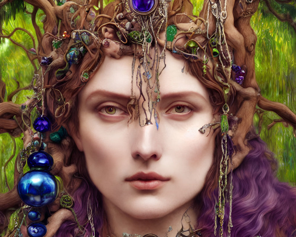 Woman with Purple Hair and Tree Branch Headpieces on Green Background