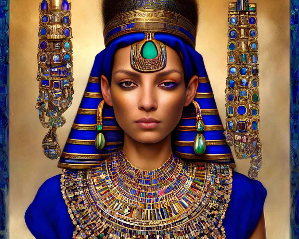 Regal Egyptian-style woman in blue and gold jewelry