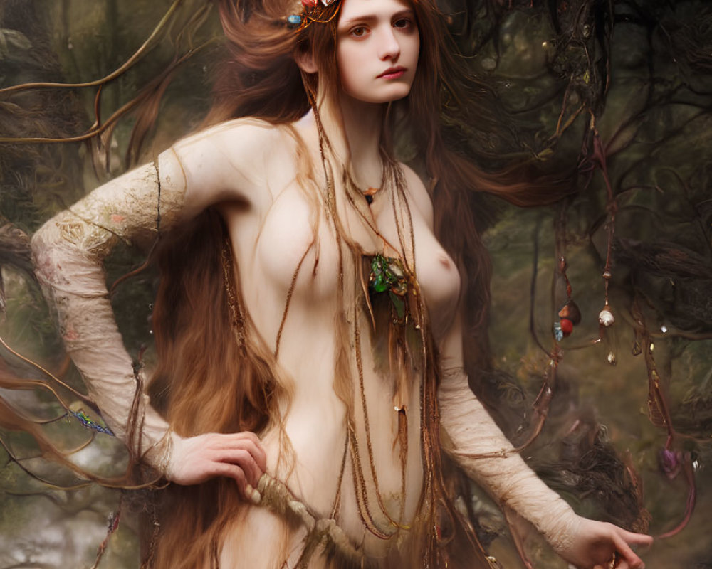 Enchanting forest scene with ethereal woman and intricate jewelry