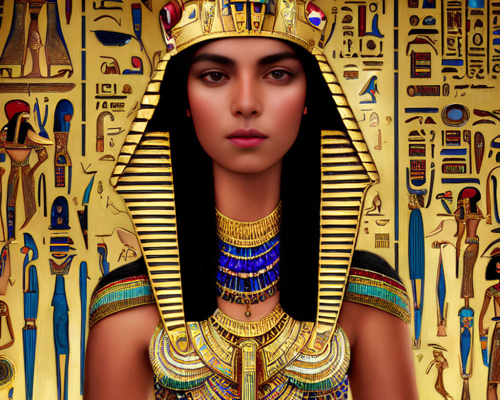 Elaborate Ancient Egyptian headdress and jewelry with hieroglyphs