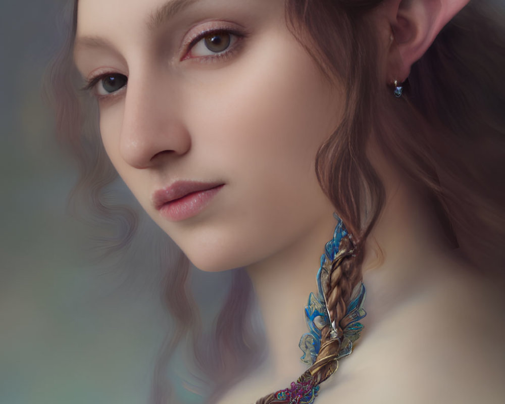 Fantasy elf woman portrait with pointed ears and braided hairstyle