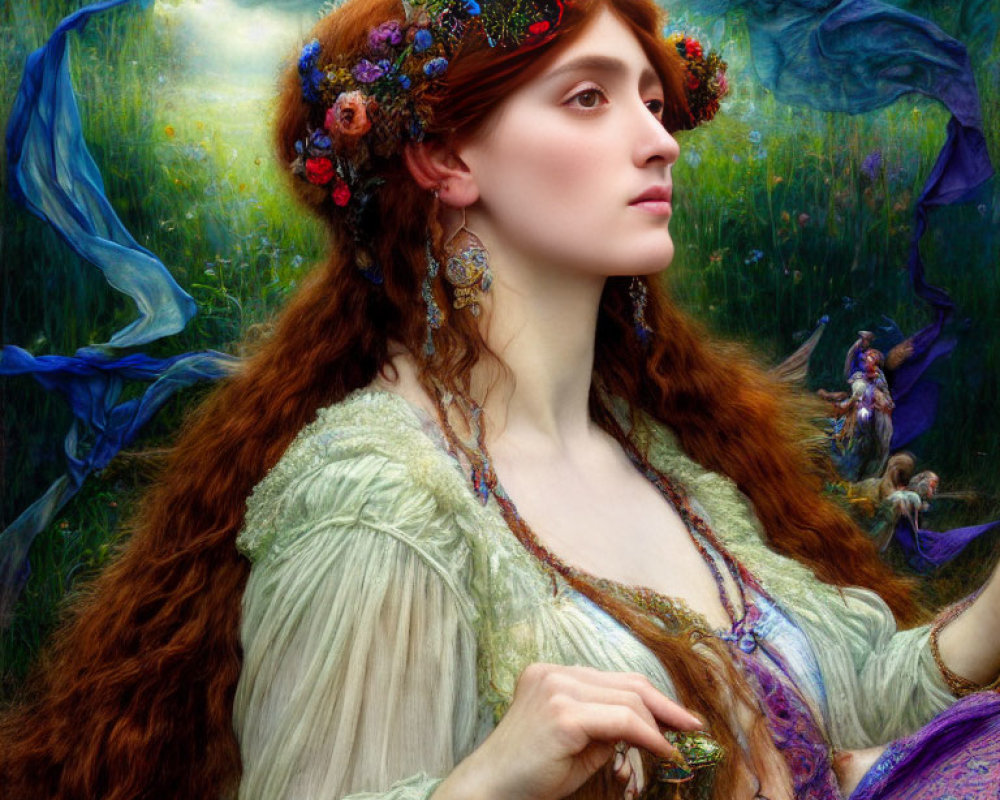 Pre-Raphaelite Style Woman with Red Hair and Fairy Figures