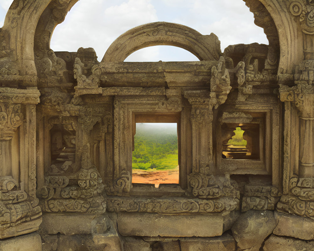 Ancient temple stone arches with traditional motifs and scenic landscape view