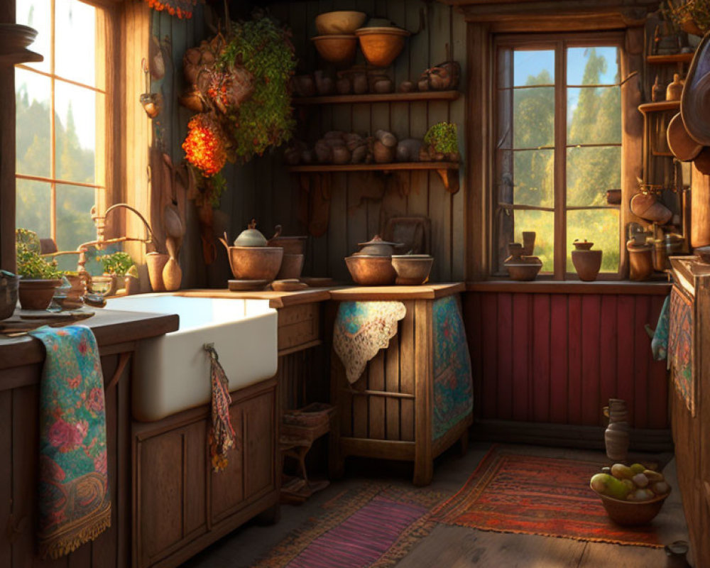 Rustic kitchen with wooden cabinets, vintage sink, herbs, pottery, and sunlight