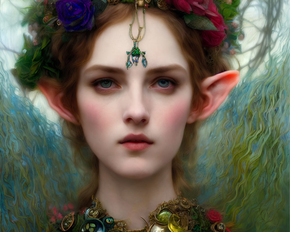 Ethereal being with pointed ears, floral crown, ornate jewelry, and intense gaze