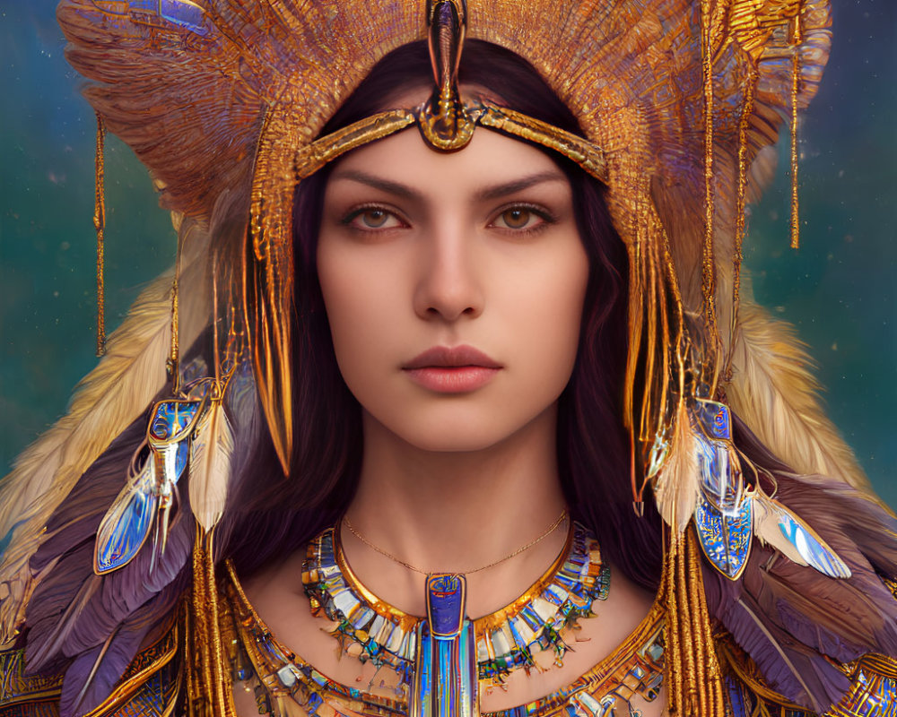 Woman in Golden Egyptian Headdress and Jewelry