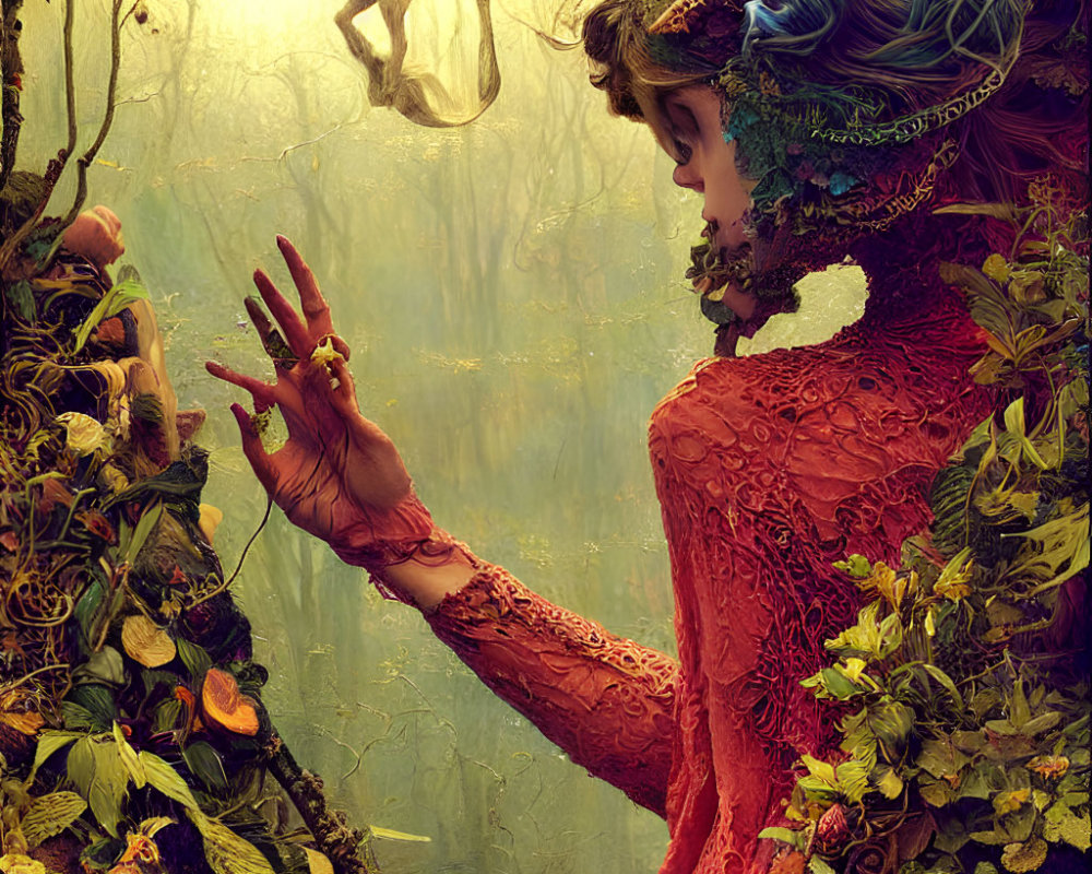 Woman entwined with vines reaching for a monkey in a fantasy forest