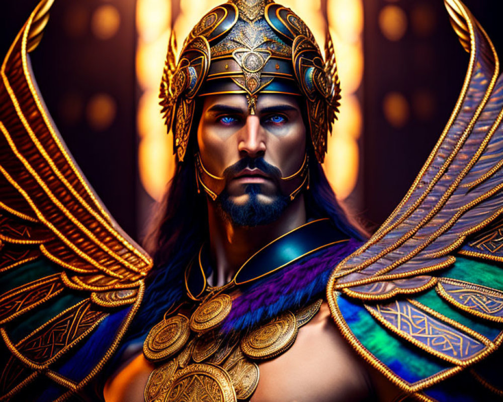 Male Figure in Golden Armor with Blue Eyes and Winged Helmet