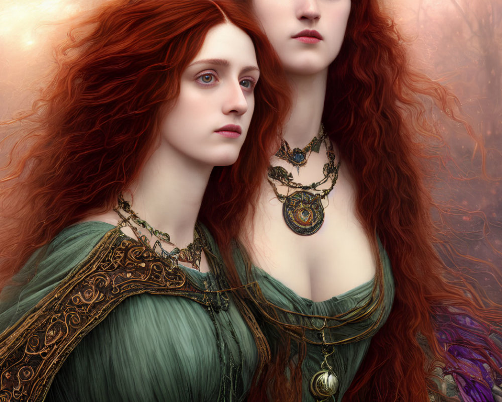 Two Women with Long Red Hair in Ornate Green Dresses and Gold Jewelry